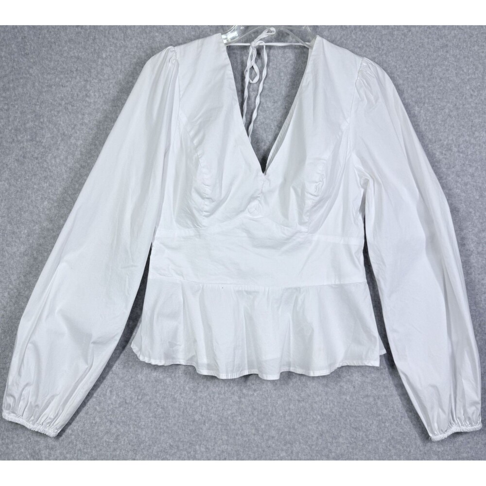 Guess Peplum Top Womens Sz Med White V Neck Tie Back Detail Puff Long Sleeve